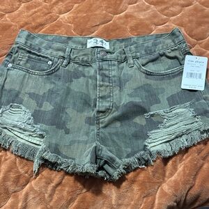 Free People Camouflage Distressed Jean Shorts